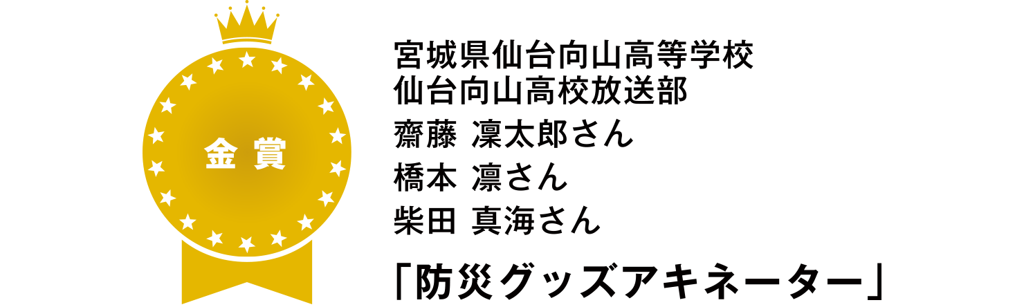 【金賞】
宮城県仙台向山高等学校
仙台向山高校放送部
齋藤 凜太郎さん
橋本 凛さん
柴田 真海さん
「防災グッズアキネーター」