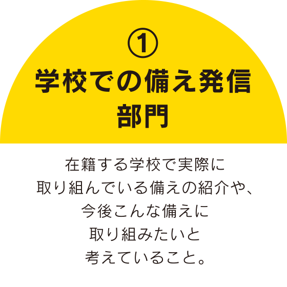 ①学校での備え発信部門
在籍する学校で実際に取り組んでいる備えの紹介や、今後こんな備えに取り組みたいと考えていること。