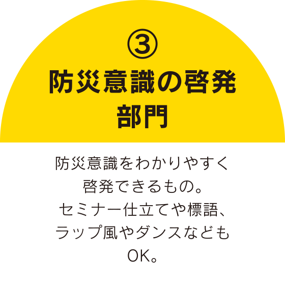 ③防災意識の啓発部門
防災意識をわかりやすく啓発できるもの。セミナー仕立てや標語、ラップ風やダンスなどもOK。